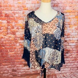 Chenault Navy Blue patchwork Print Floral Boho Peasant Blouse